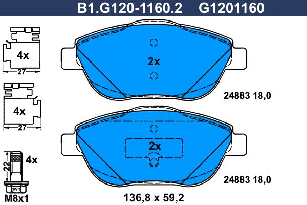 Zestaw klocków hamulcowych, hamulce tarczowe GALFER B1.G120-1160.2