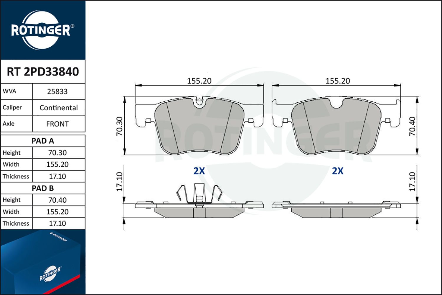 Zestaw klocków hamulcowych, hamulce tarczowe ROTINGER RT 2PD33840