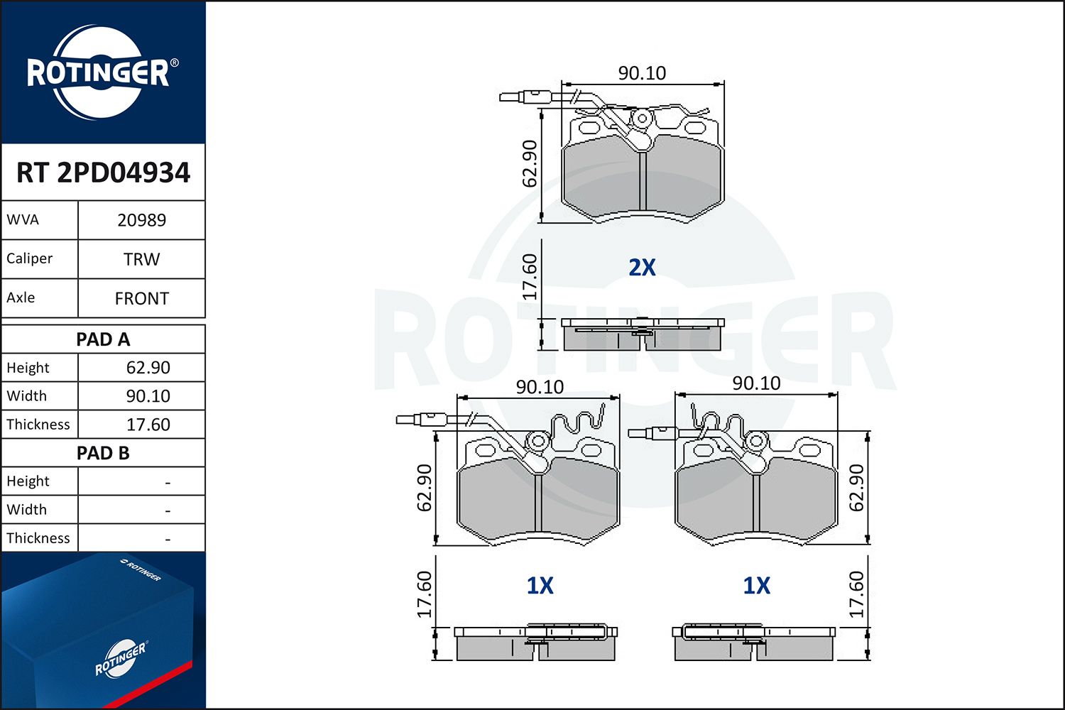 Zestaw klocków hamulcowych, hamulce tarczowe ROTINGER RT 2PD04934