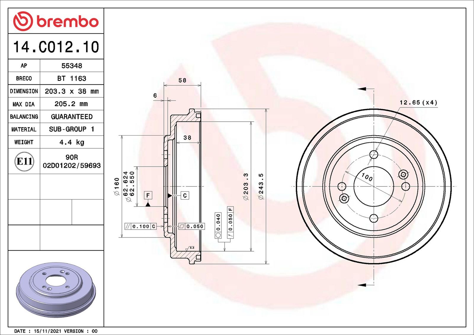 Levně Brzdový buben BREMBO 14.C012.10