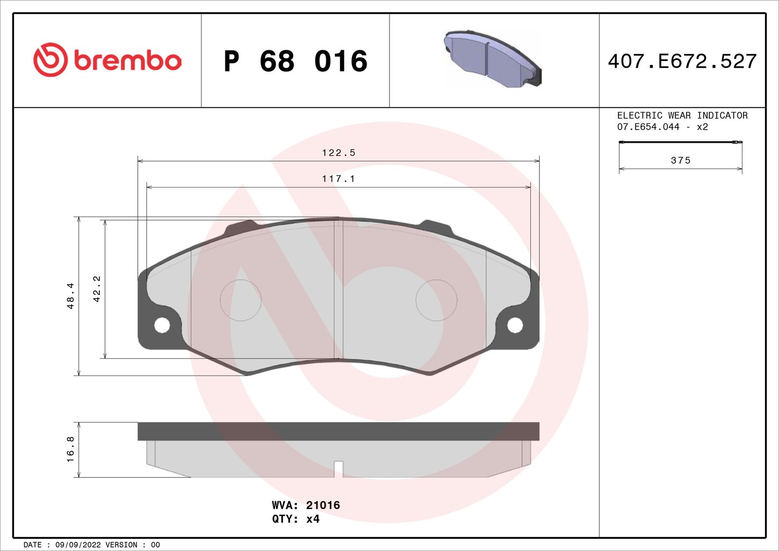 Zestaw klocków hamulcowych, hamulce tarczowe BREMBO P 68 016
