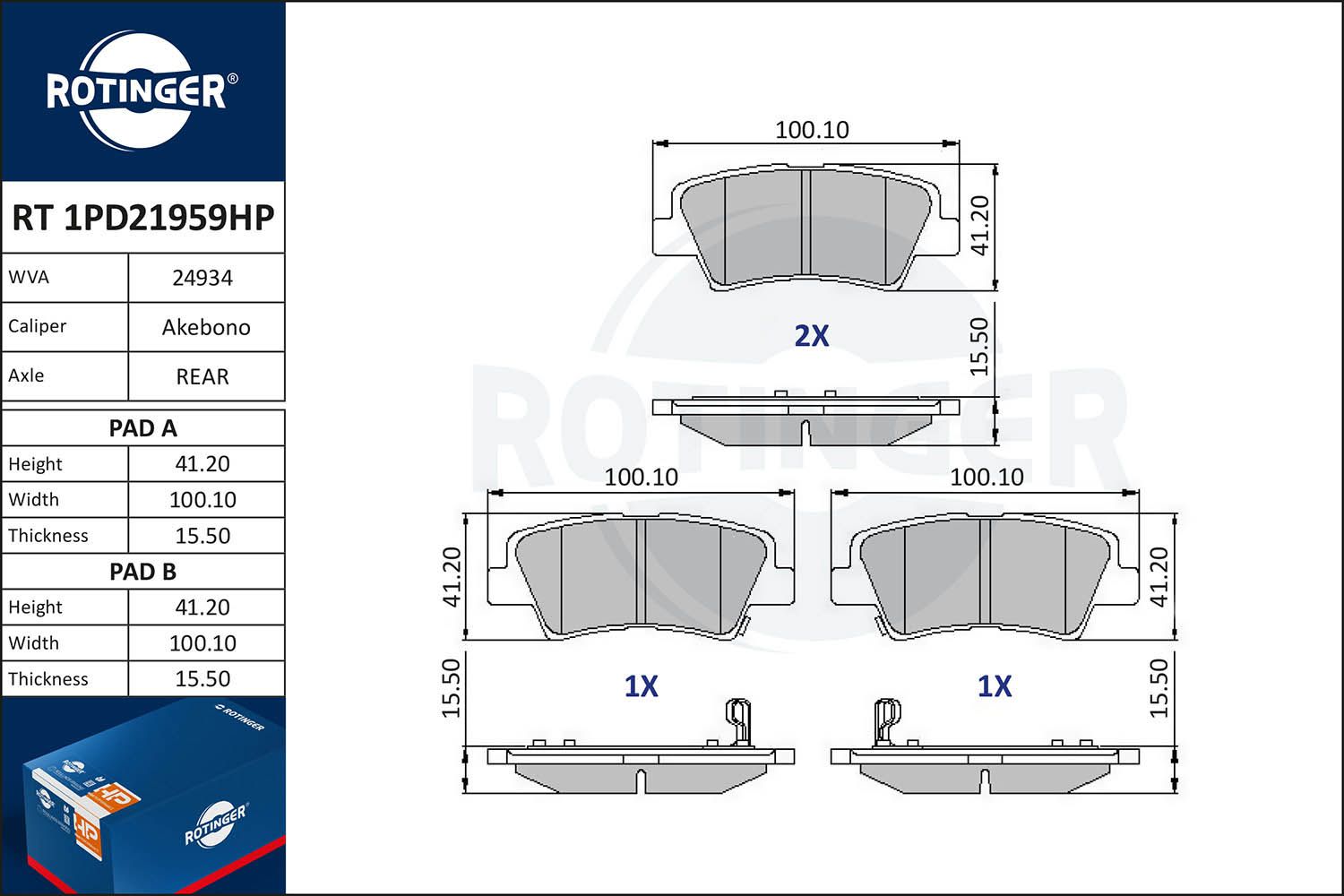 Zestaw klocków hamulcowych, hamulce tarczowe ROTINGER RT1PD21959HP