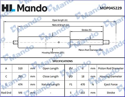 Sprężyna gazowa, pokrywa bagażnika MANDO MOP045229