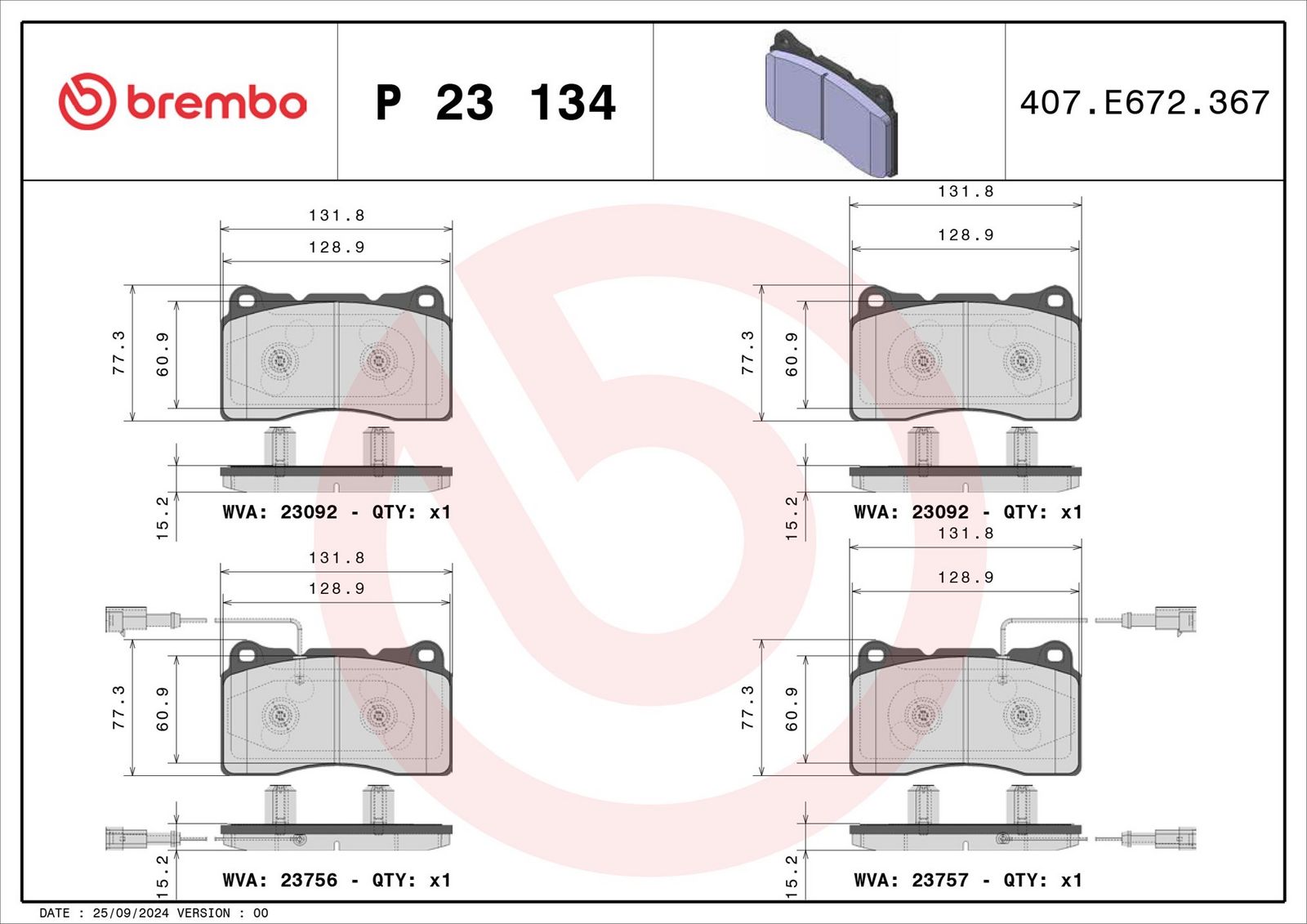 Levně Sada brzdových destiček, kotoučová brzda BREMBO P 23 134
