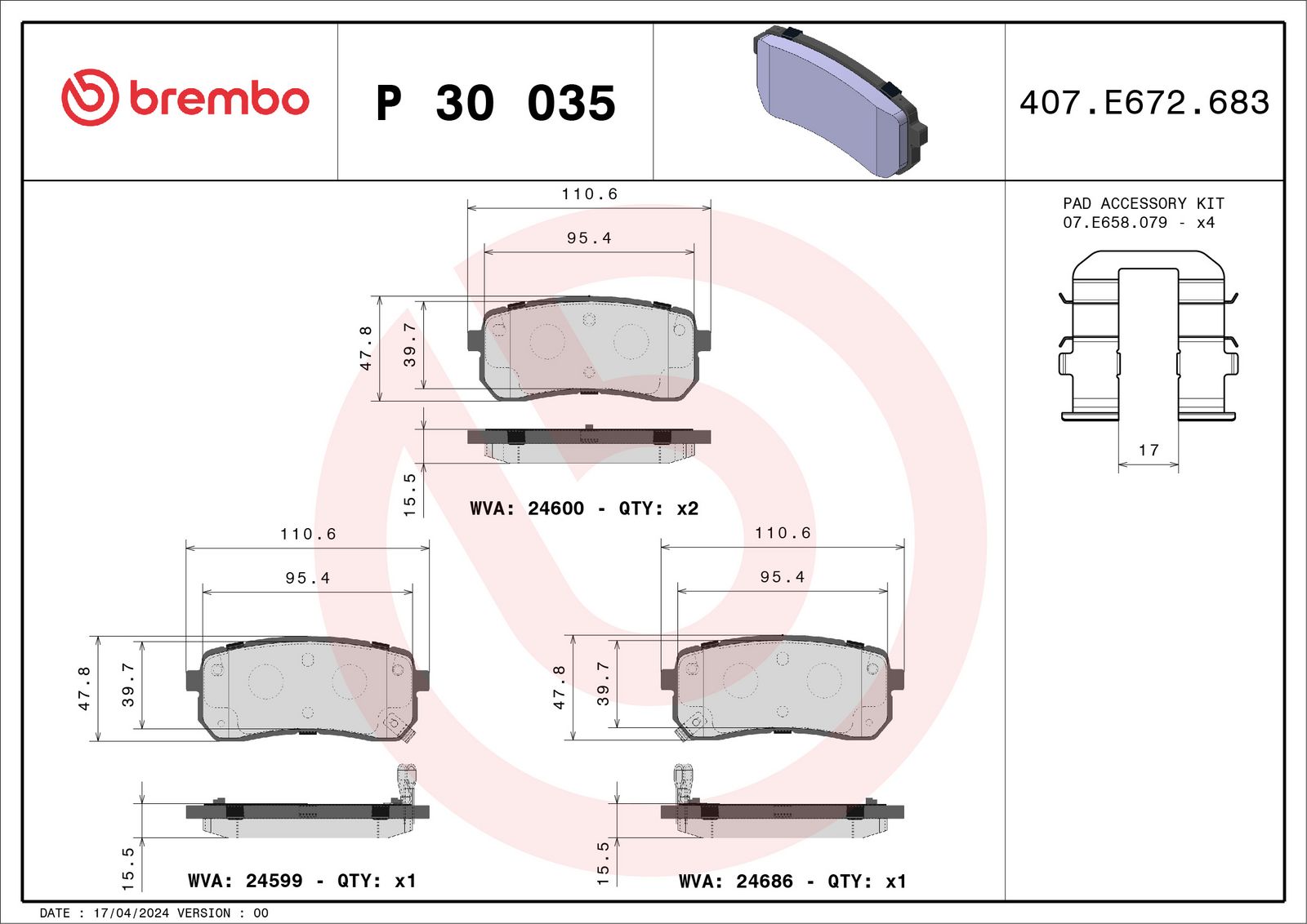 Sada brzdových destiček, kotoučová brzda BREMBO P 30 035