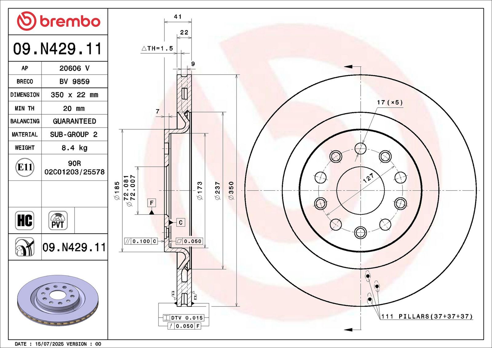 Disc frana BREMBO PRIME LINE - UV Coated 09.N429.11