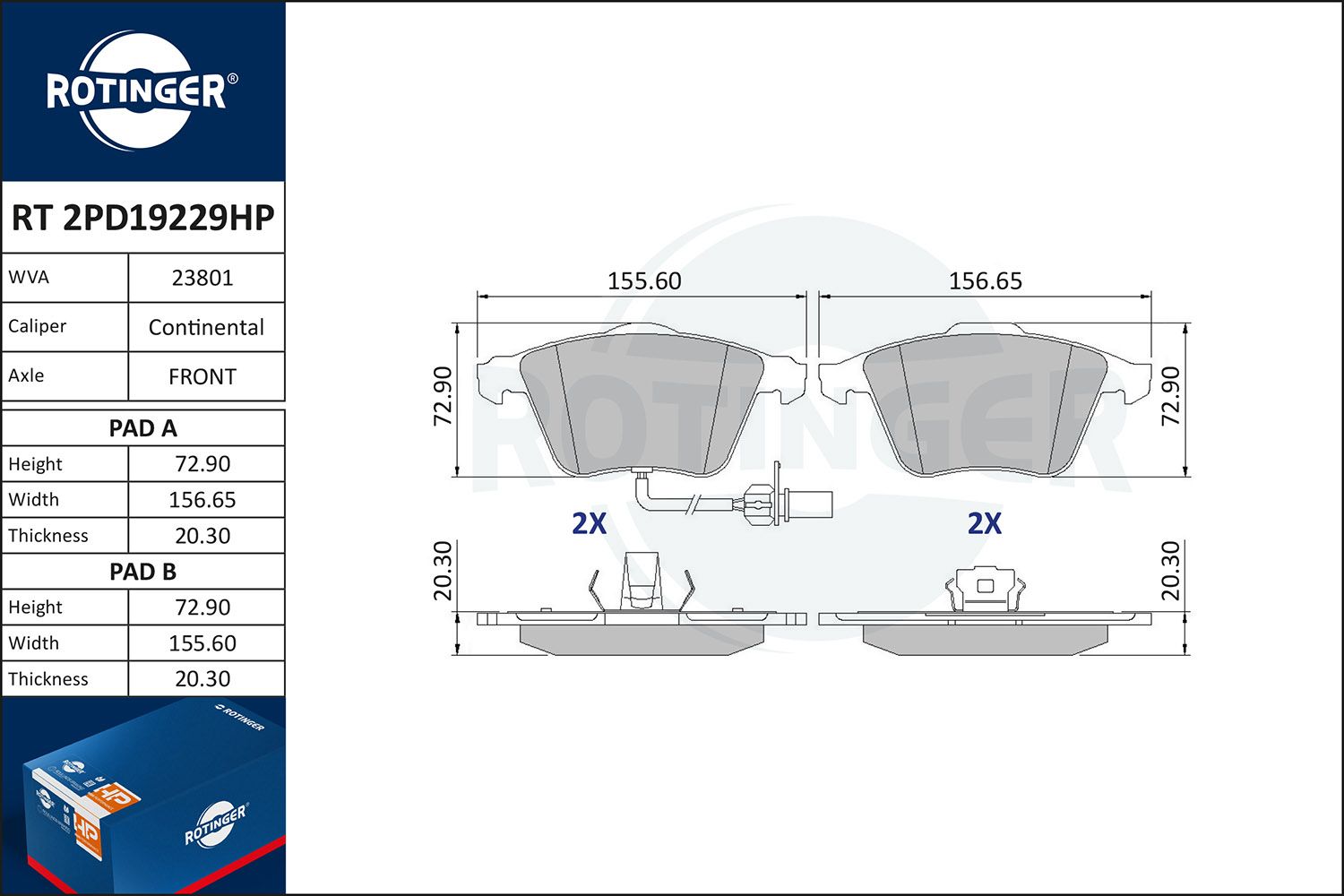 Zestaw klocków hamulcowych, hamulce tarczowe ROTINGER RT2PD19229HP