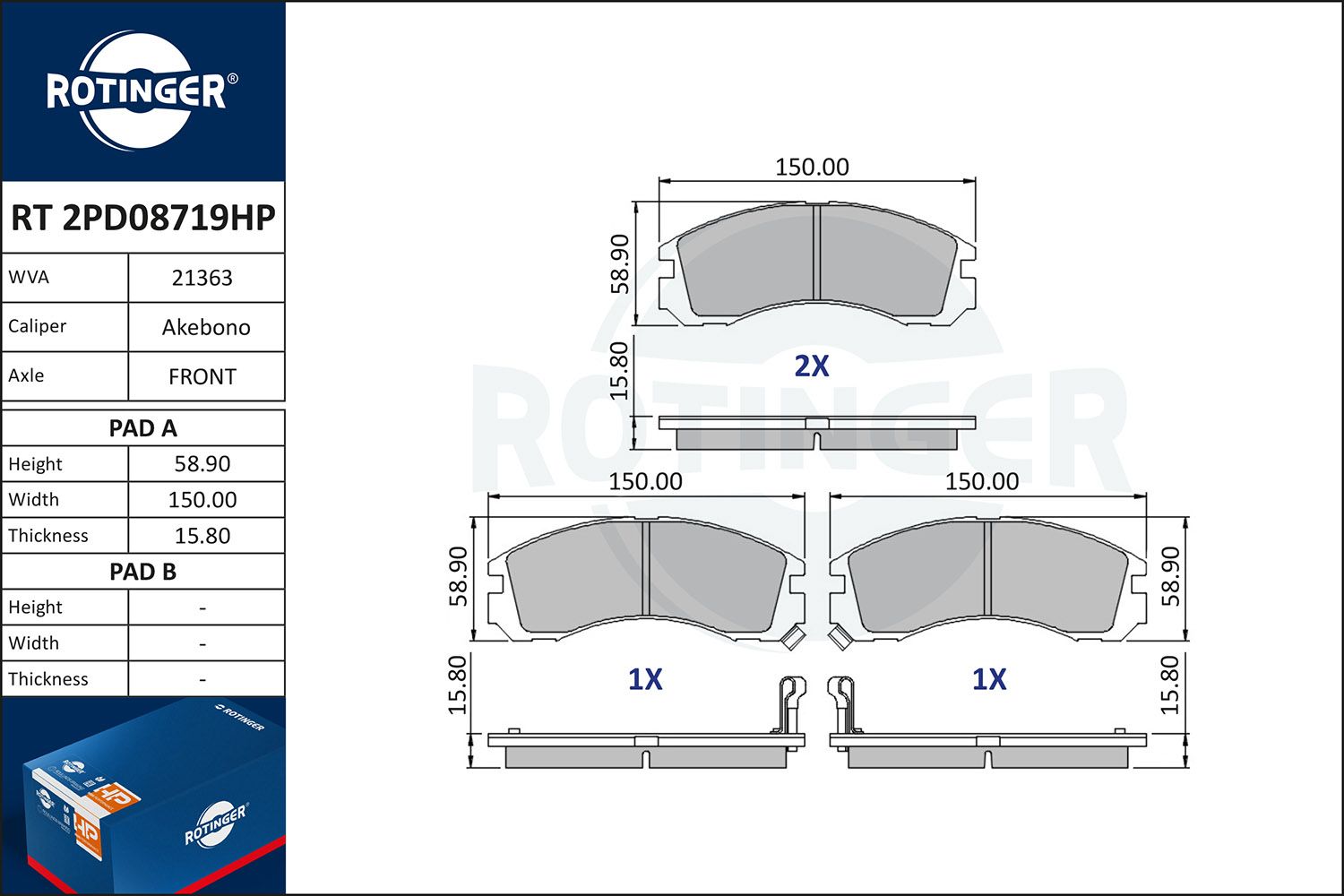 Zestaw klocków hamulcowych, hamulce tarczowe ROTINGER RT2PD08719HP
