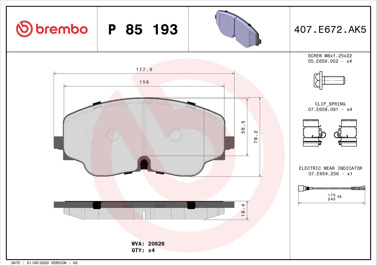 Zestaw klocków hamulcowych, hamulce tarczowe BREMBO P 85 193