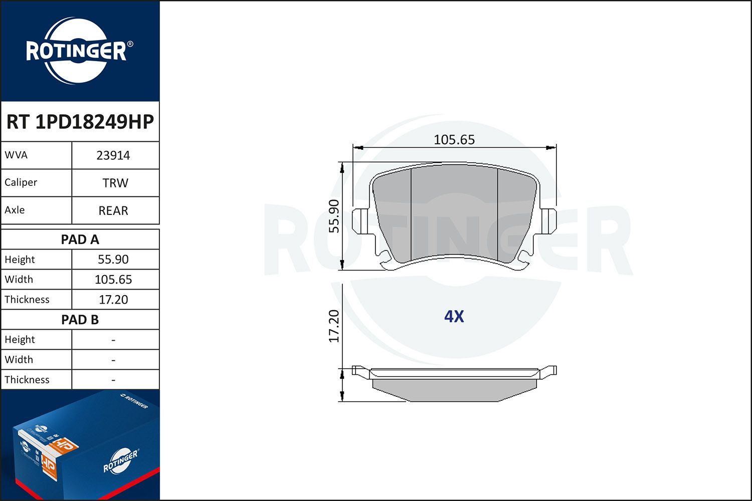 Zestaw klocków hamulcowych, hamulce tarczowe ROTINGER RT1PD18249HP