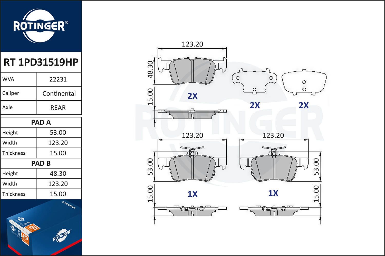 Zestaw klocków hamulcowych, hamulce tarczowe ROTINGER RT1PD31519HP