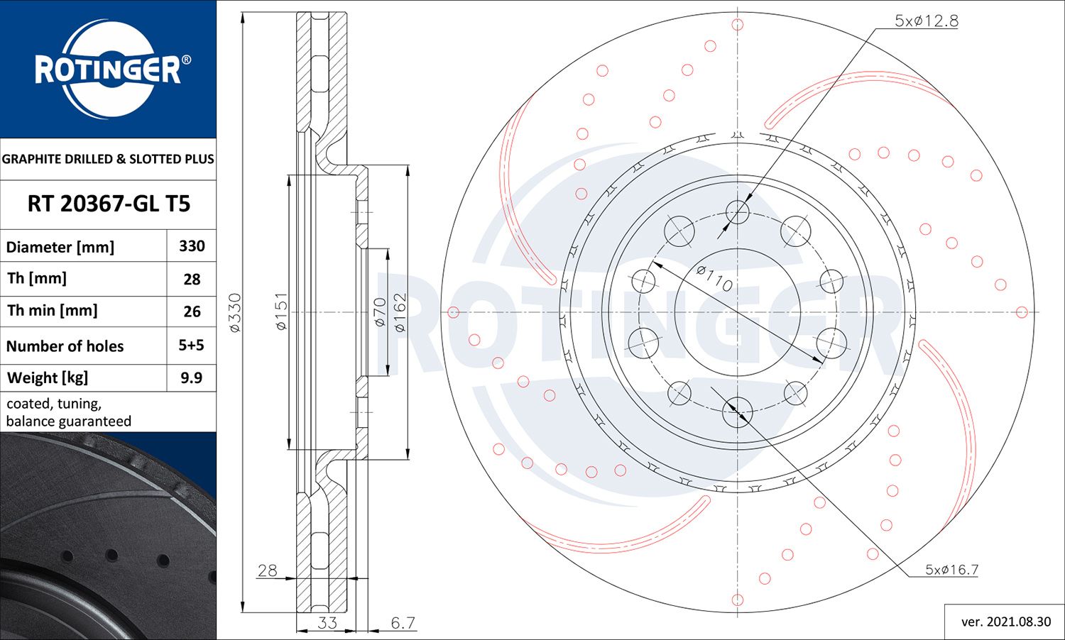 Disc frana ROTINGER GRAPHITE DRILLED & SLOTTED PLUS RT 20367-GL T5