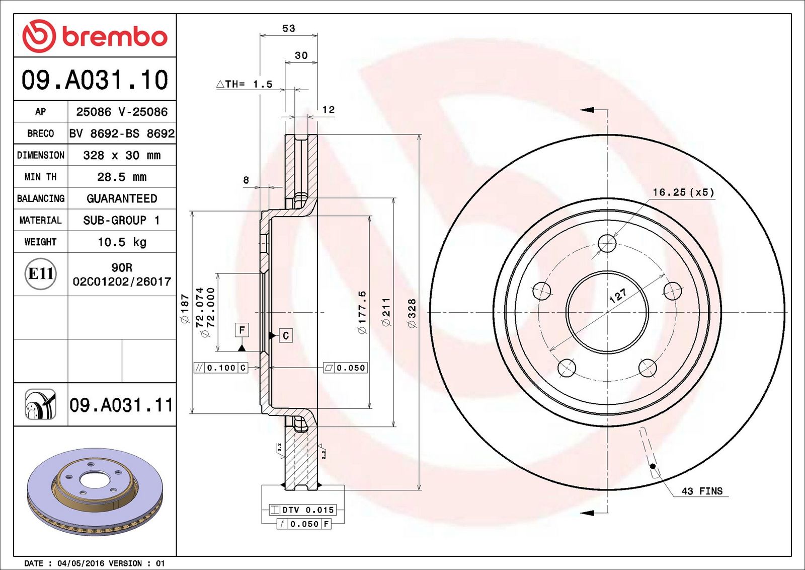 Levně Brzdový kotouč BREMBO 09.A031.11