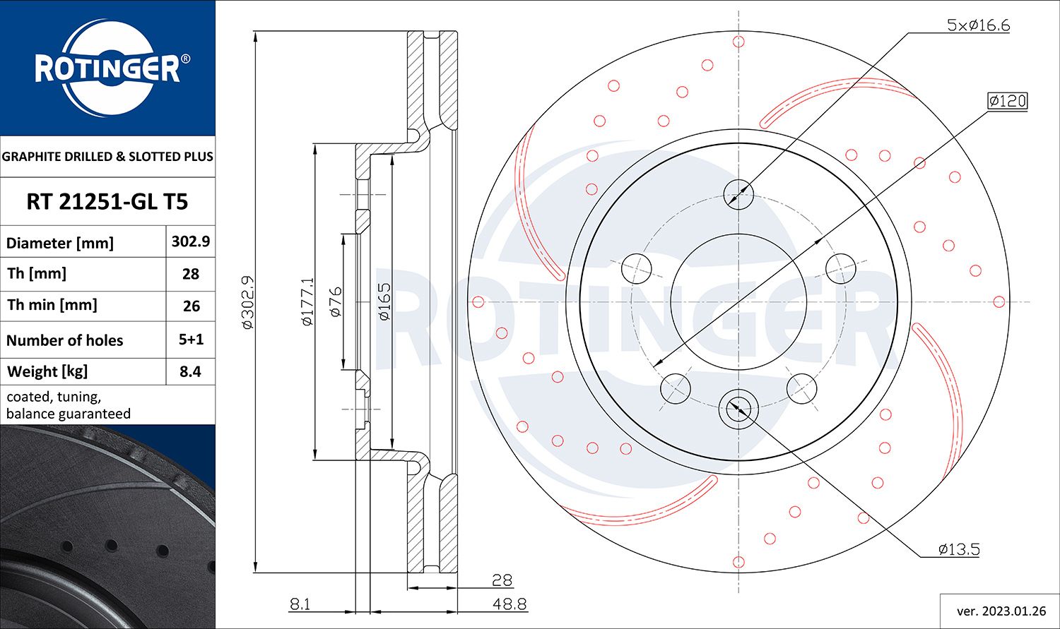 Disc frana ROTINGER GRAPHITE DRILLED & SLOTTED PLUS RT 21251-GL T5