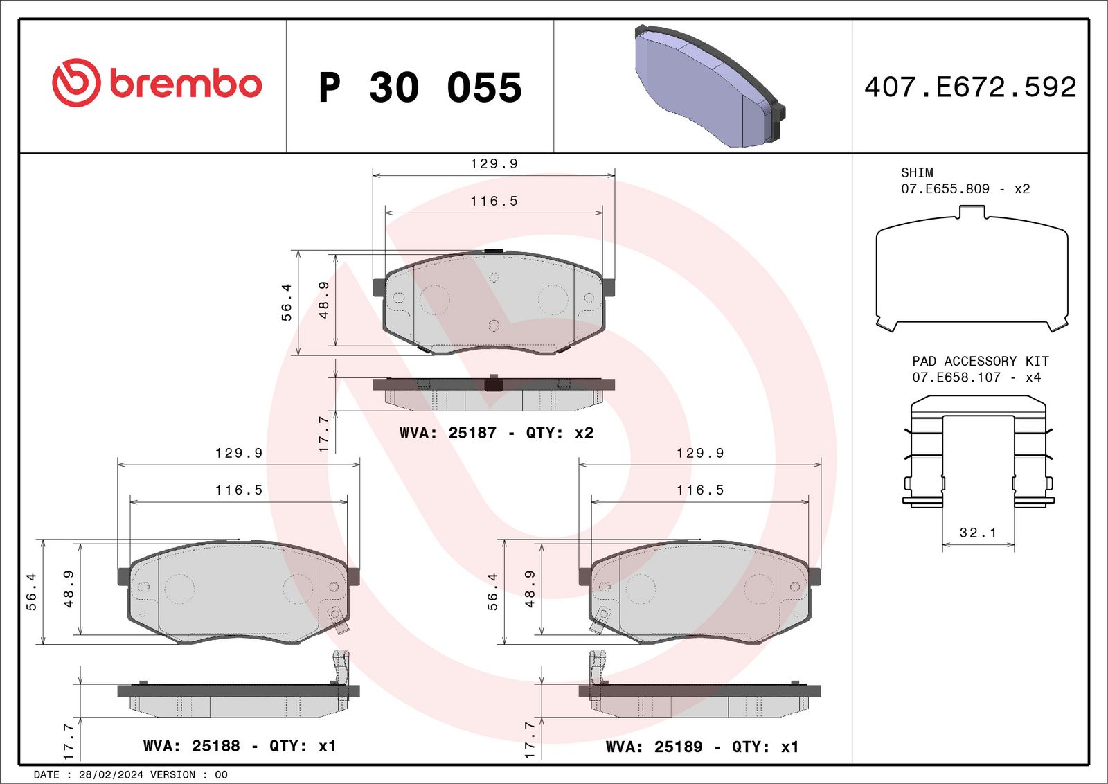 Sada brzdových destiček, kotoučová brzda BREMBO P 30 055