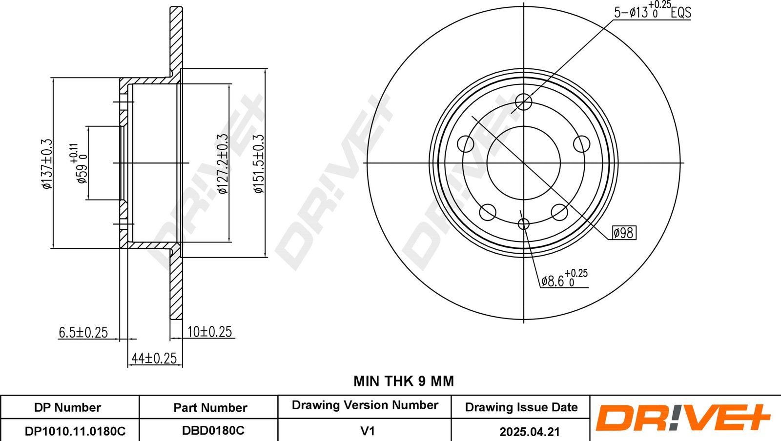 Tarcza hamulcowa DR!VE+ DBD0180C