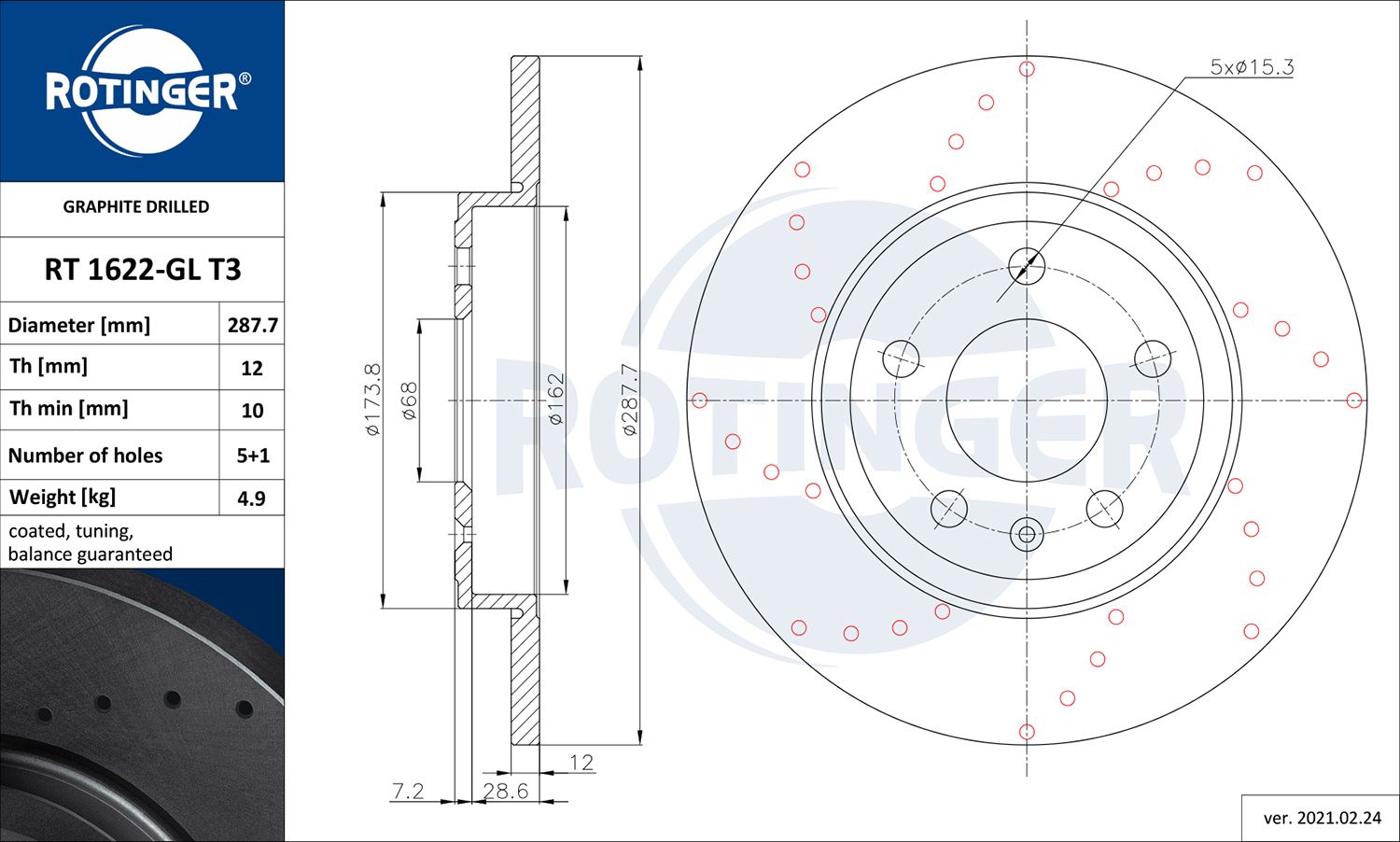Disc frana ROTINGER GRAPHITE DRILLED RT 1622-GL T3