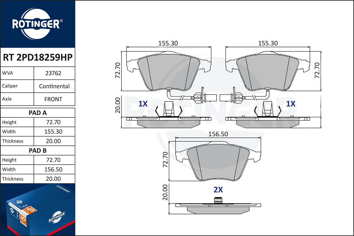 Zestaw klocków hamulcowych, hamulce tarczowe ROTINGER RT2PD18259HP