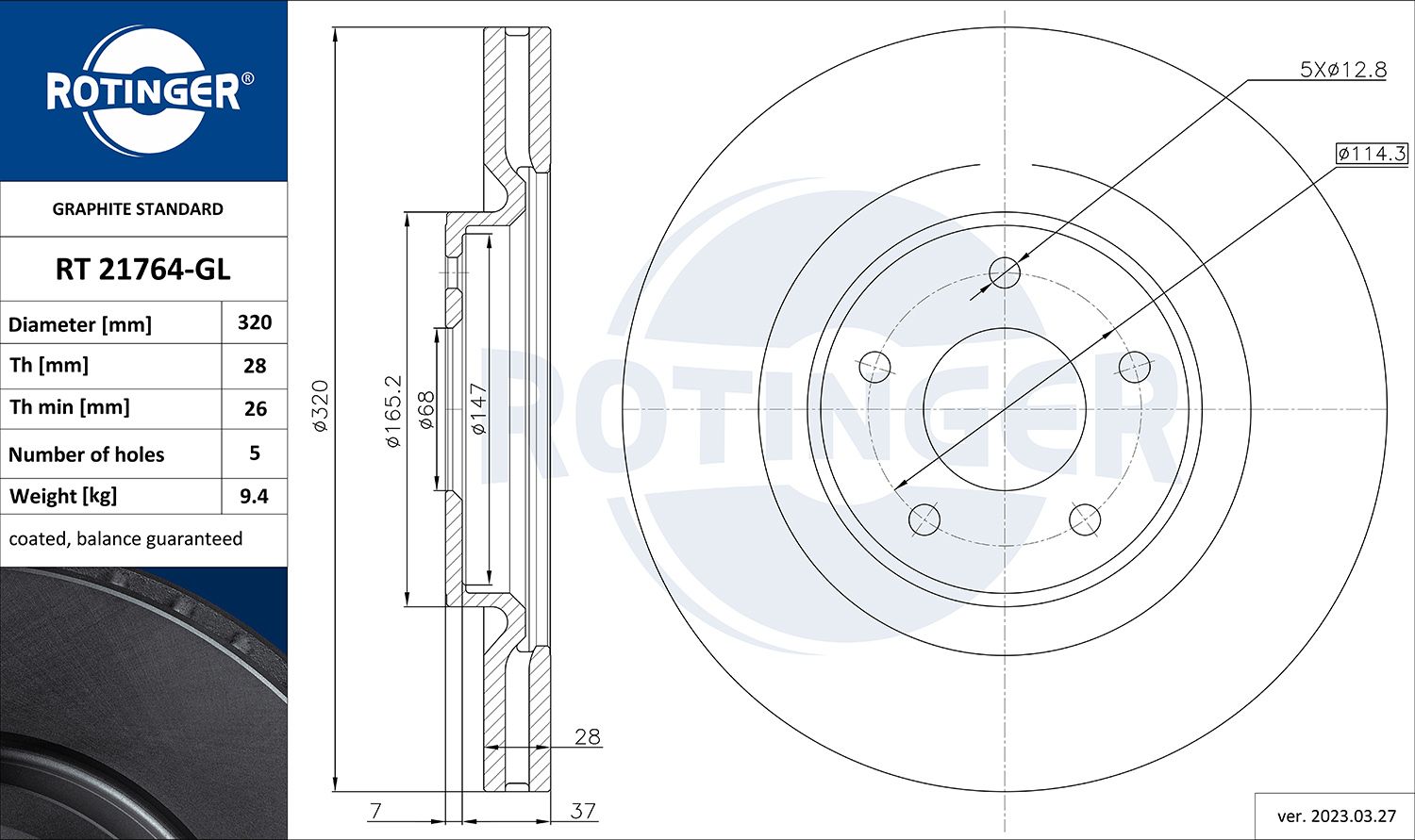Tarcza hamulcowa ROTINGER RT 21764-GL