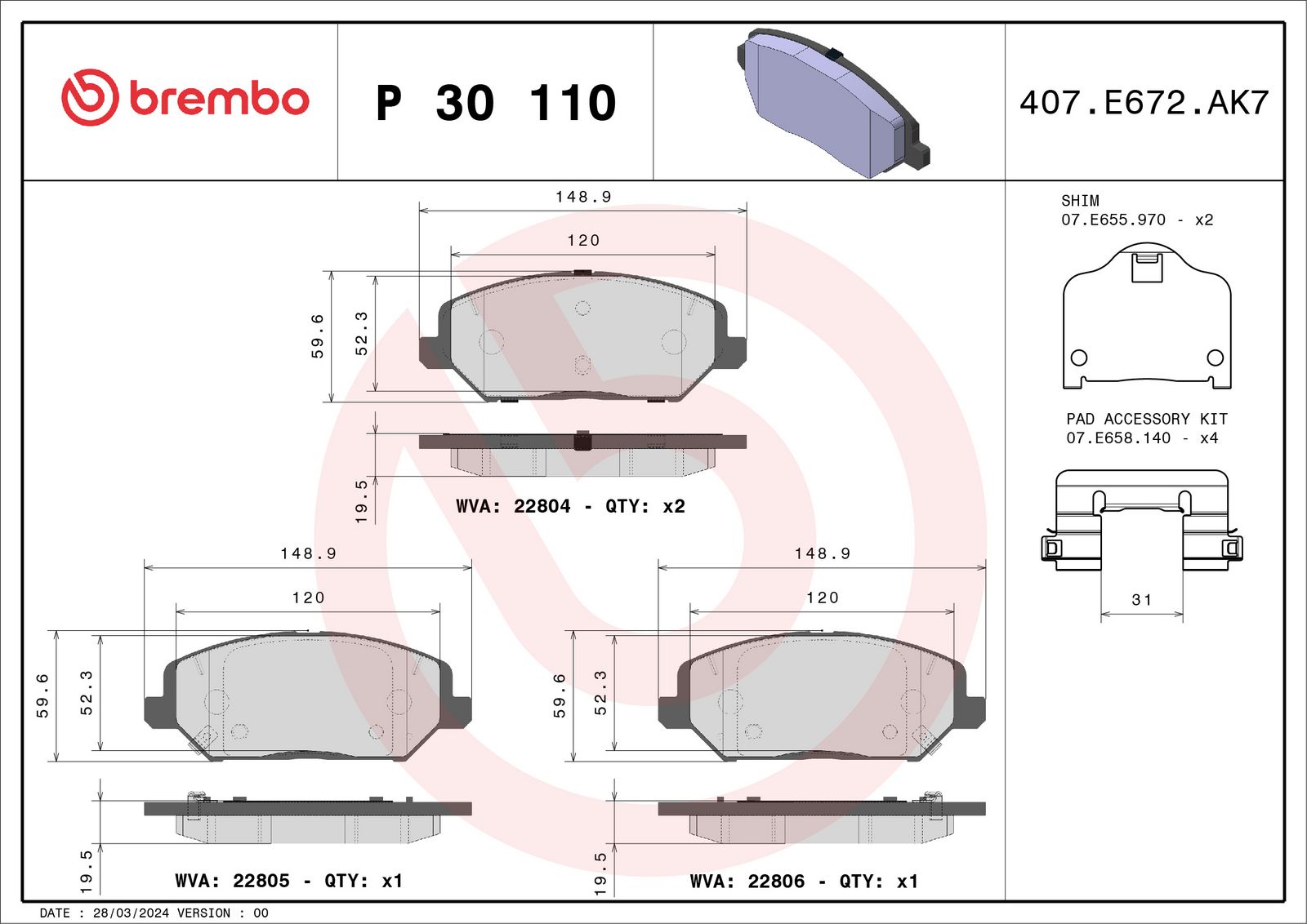 Sada brzdových destiček, kotoučová brzda BREMBO P 30 110