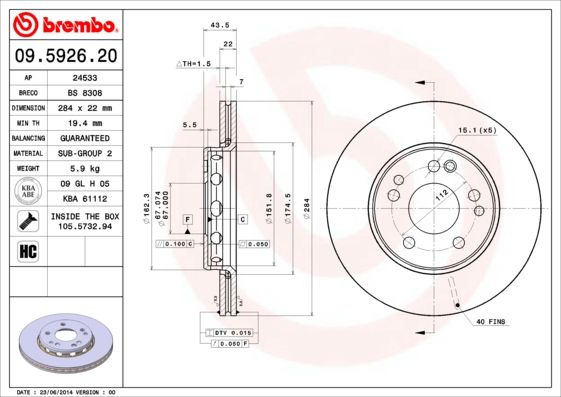 Tarcza hamulcowa BREMBO 09.5926.20