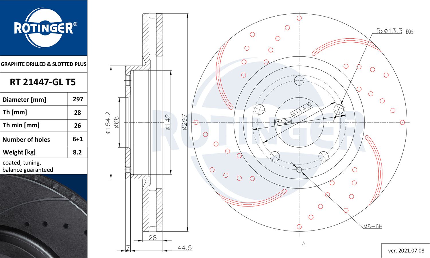 Disc frana ROTINGER GRAPHITE DRILLED & SLOTTED PLUS RT 21447-GL T5