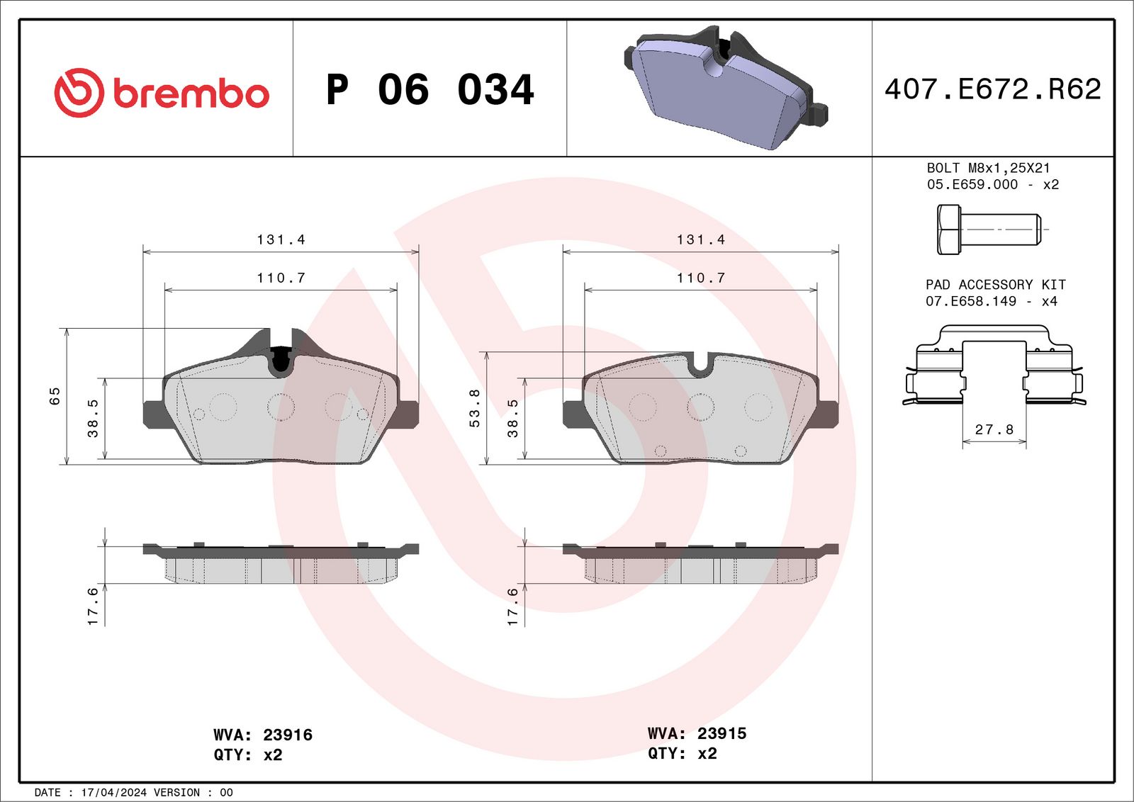 Sada brzdových platničiek kotúčovej brzdy BREMBO P 06 034