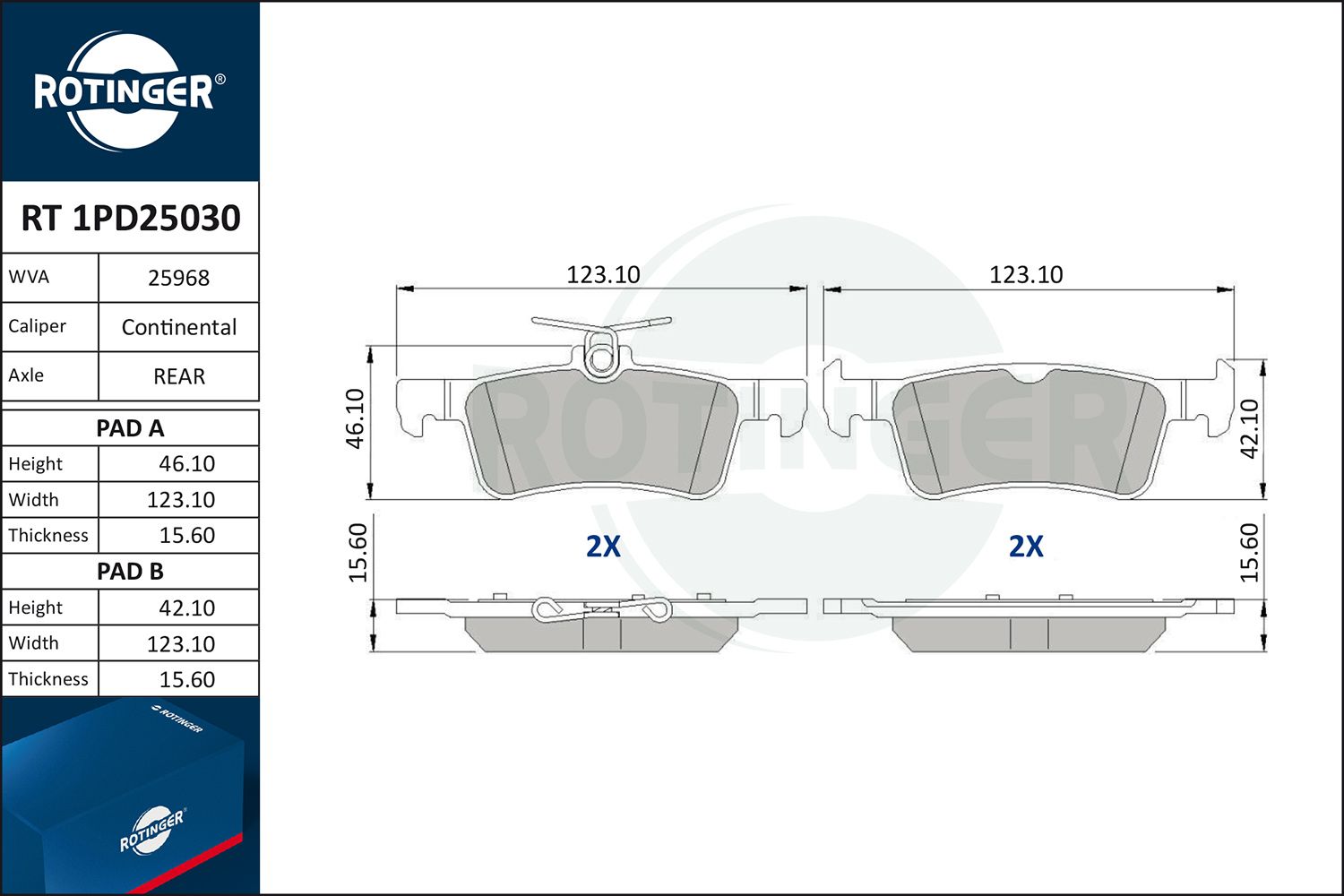 Zestaw klocków hamulcowych, hamulce tarczowe ROTINGER RT 1PD25030