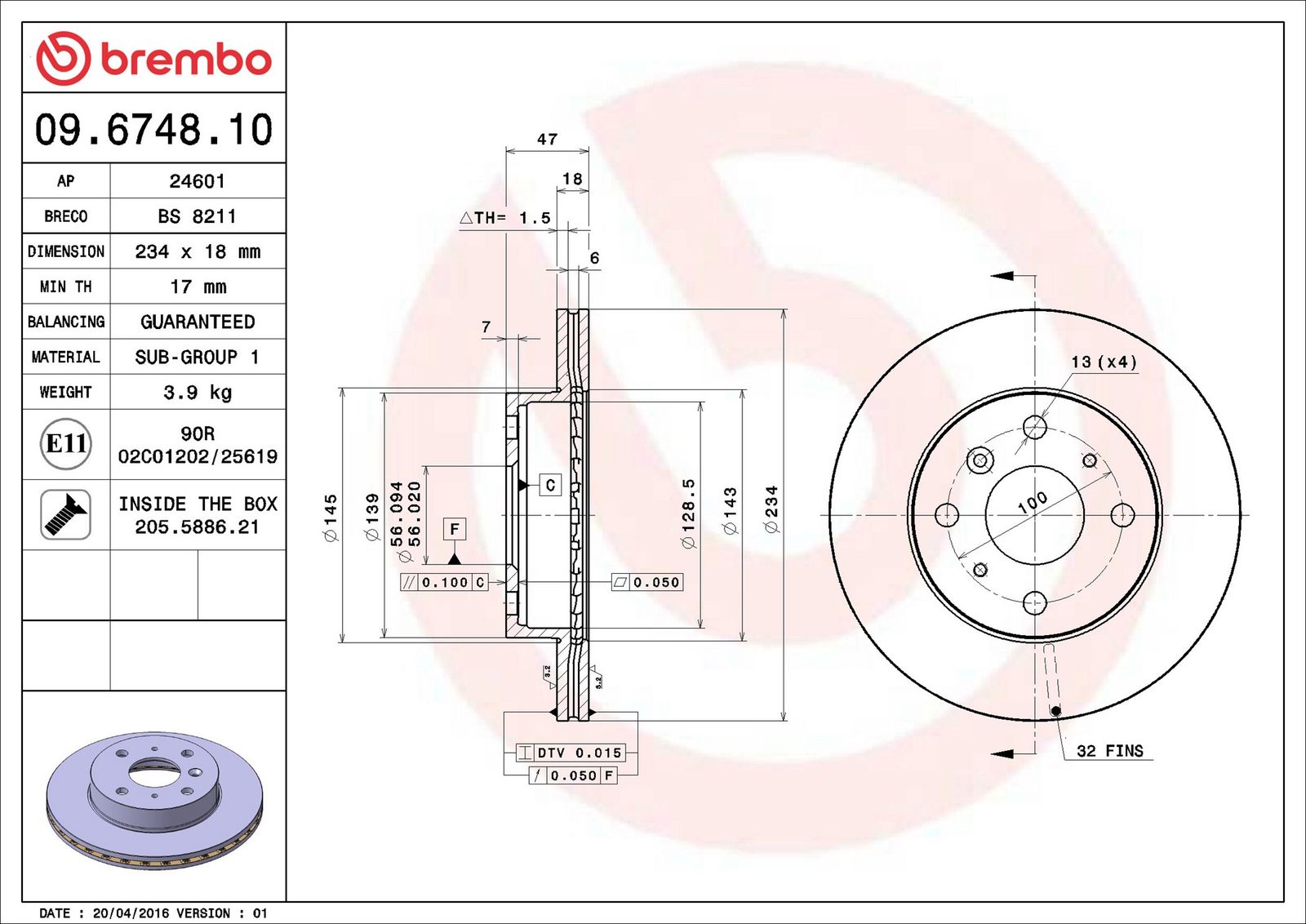 Levně Brzdový kotouč BREMBO 09.6748.10