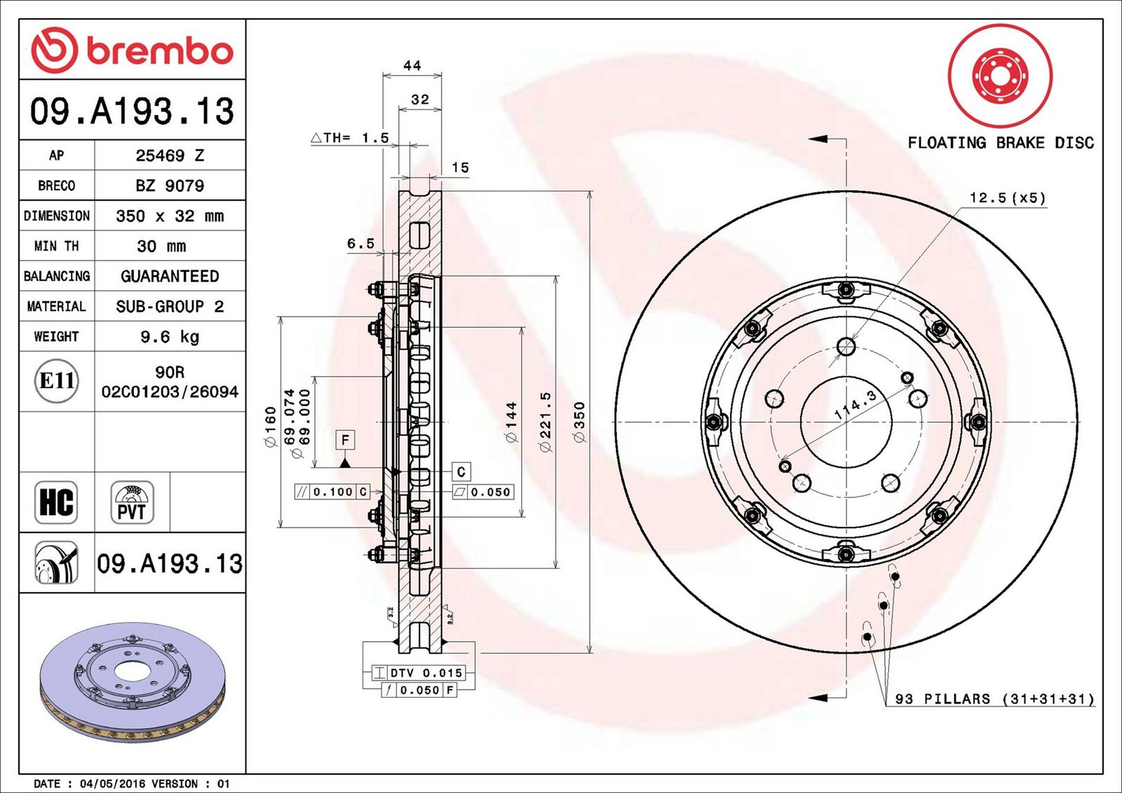 Levně Brzdový kotouč BREMBO 09.A193.13