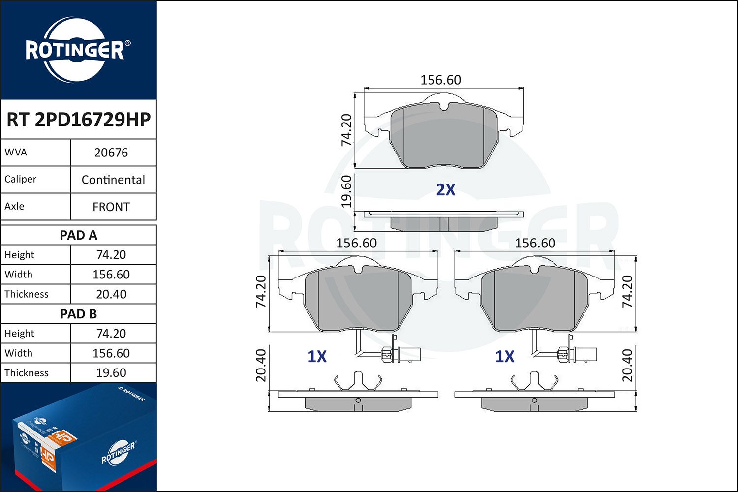 Zestaw klocków hamulcowych, hamulce tarczowe ROTINGER RT2PD16729HP