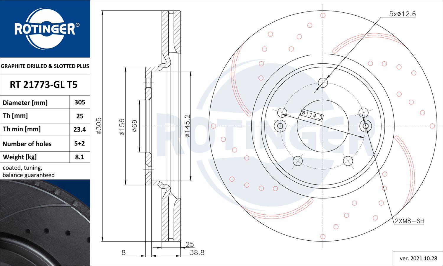 Disc frana ROTINGER GRAPHITE DRILLED & SLOTTED PLUS RT 21773-GL T5