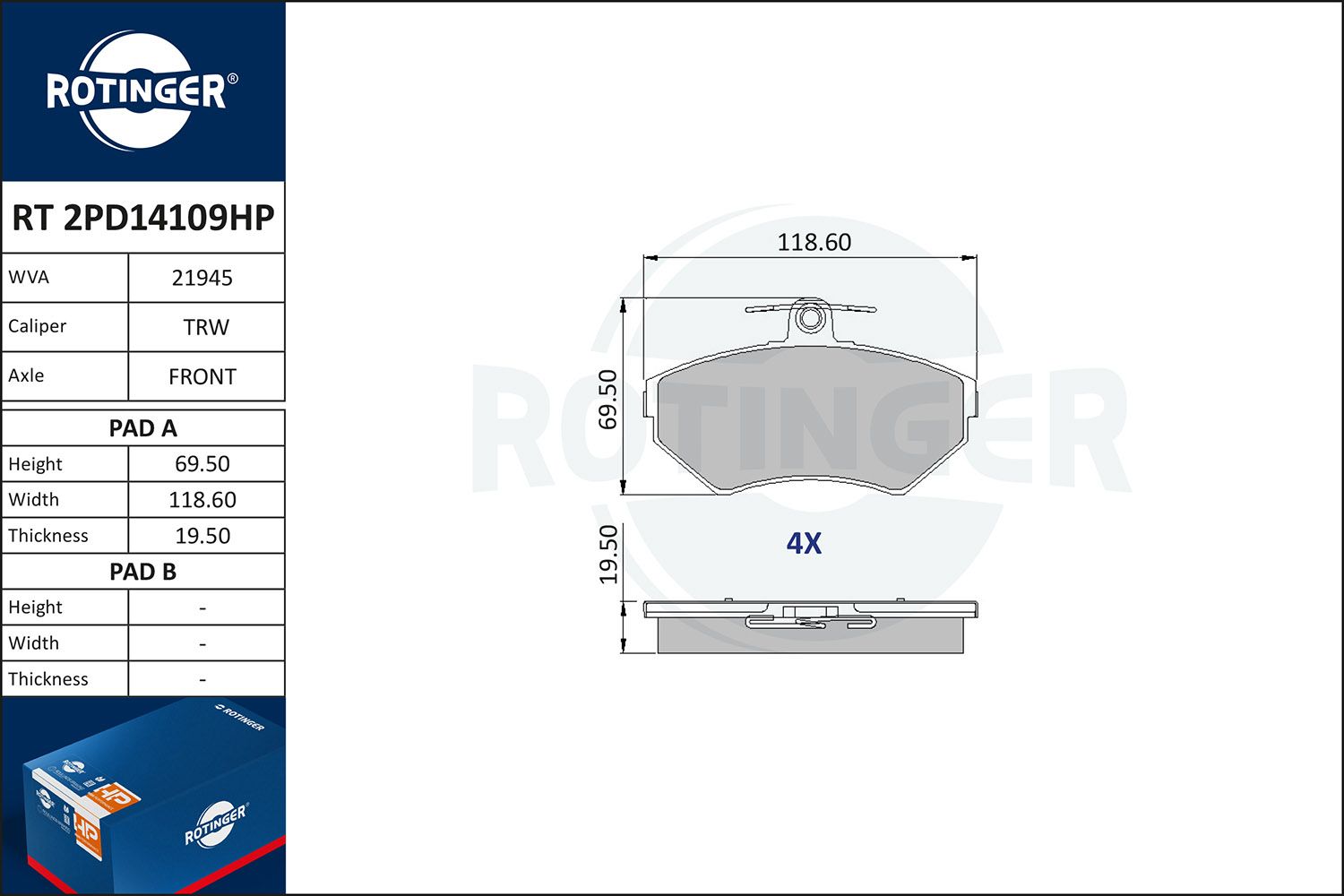 Zestaw klocków hamulcowych, hamulce tarczowe ROTINGER RT2PD14109HP