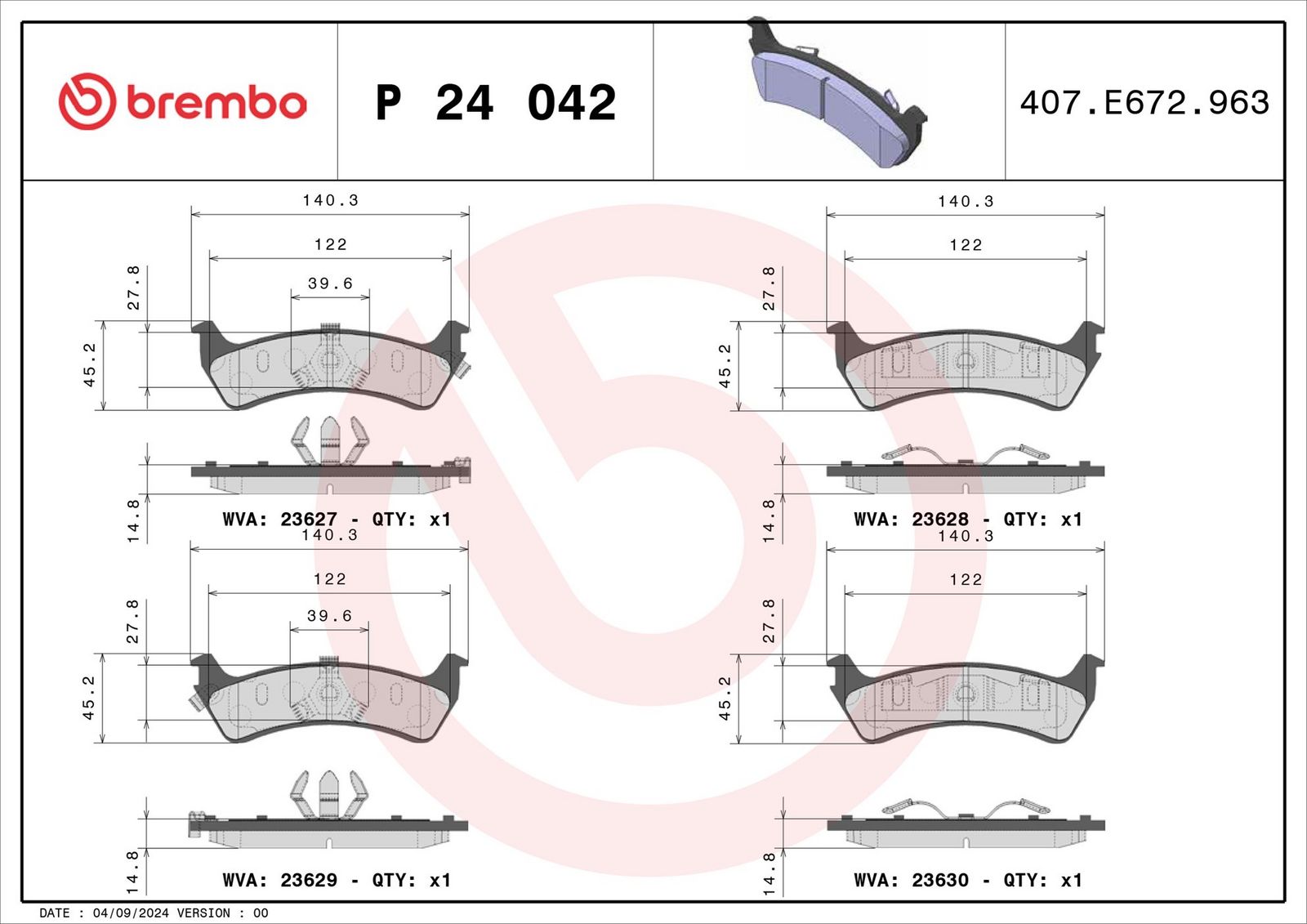 Levně Sada brzdových destiček, kotoučová brzda BREMBO P 24 042