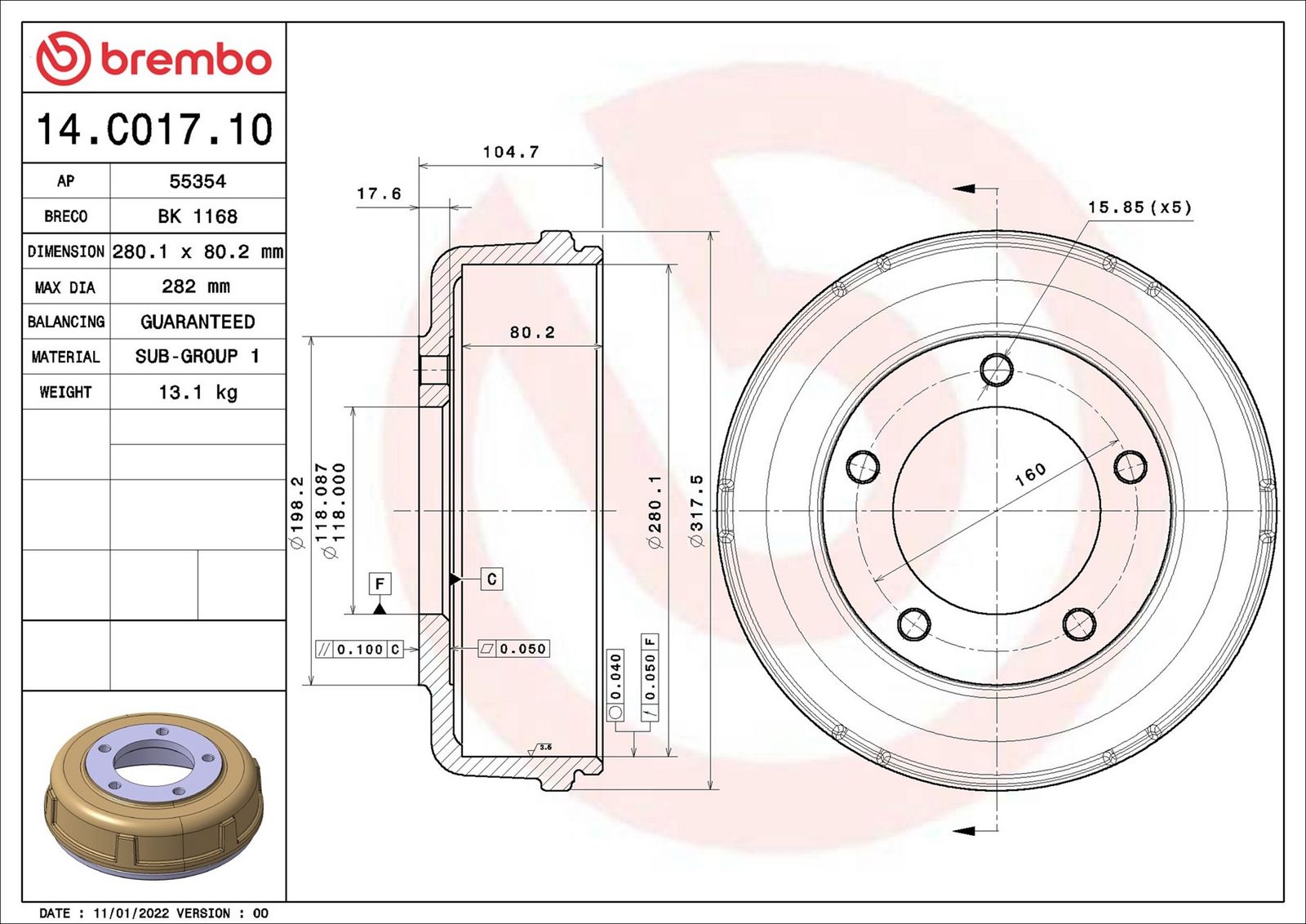 Levně Brzdový buben BREMBO 14.C017.10