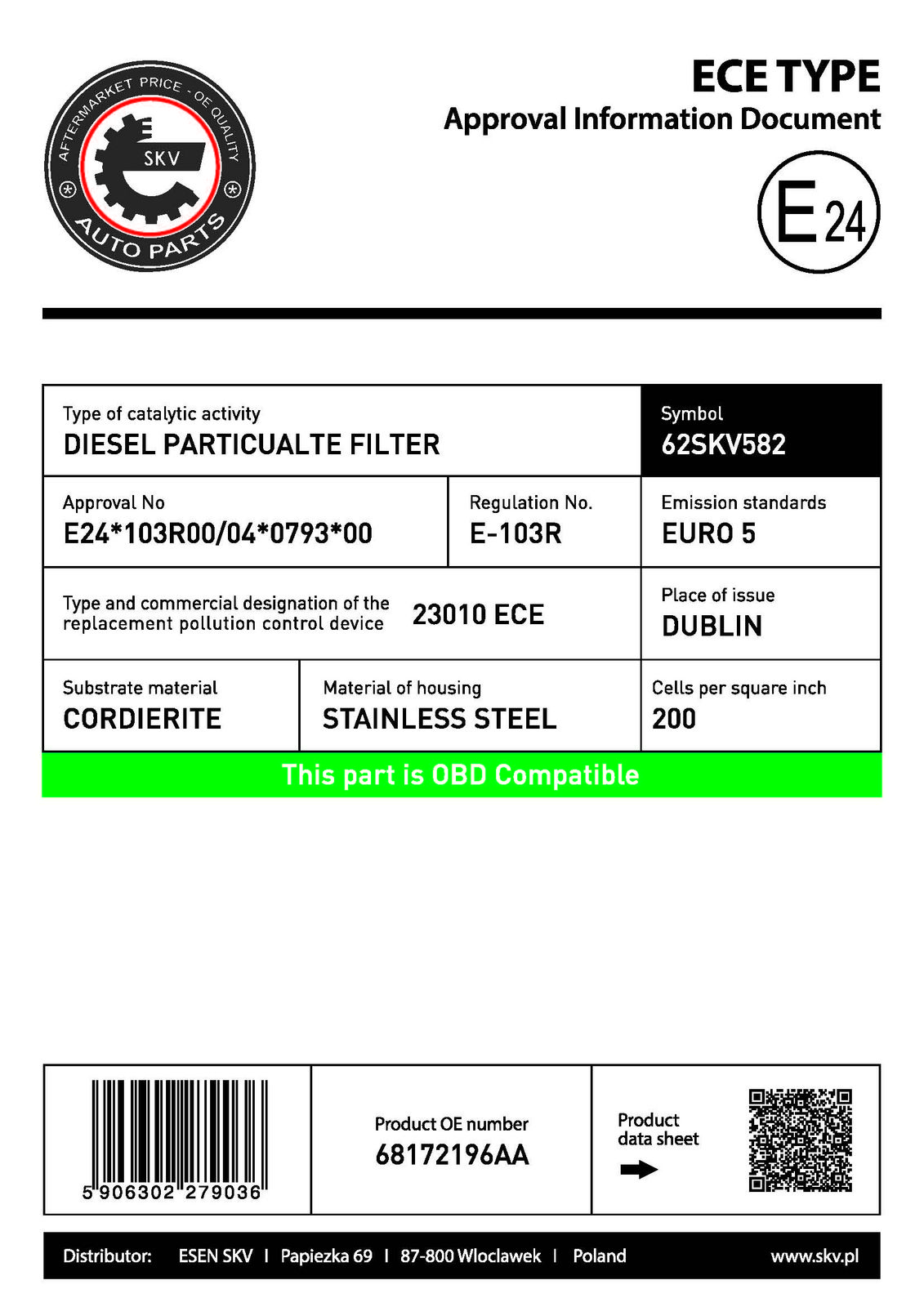 Filtru funingine/particule, sist.de esapament ESEN SKV 62SKV582