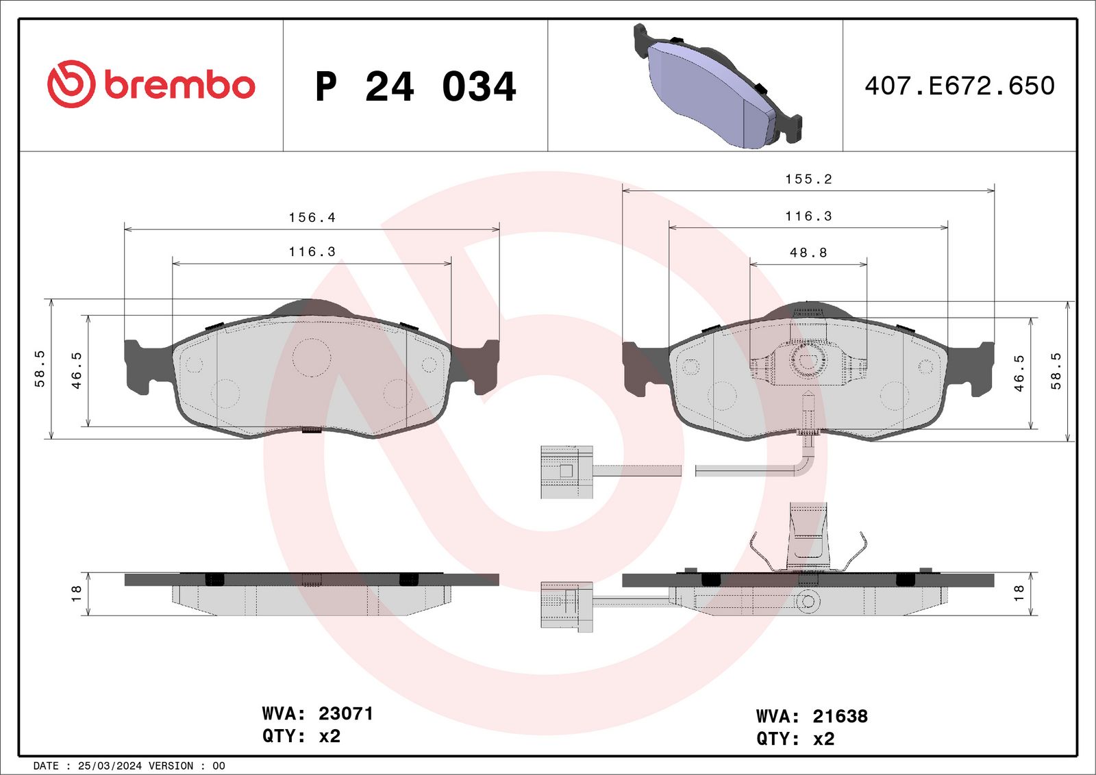 Sada brzdových destiček, kotoučová brzda BREMBO P 24 034