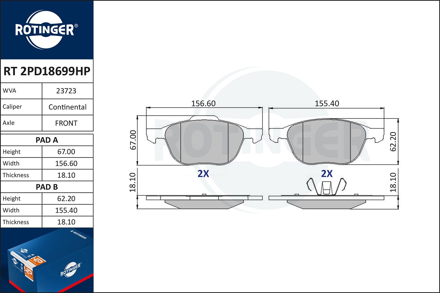 Zestaw klocków hamulcowych, hamulce tarczowe ROTINGER RT2PD18699HP