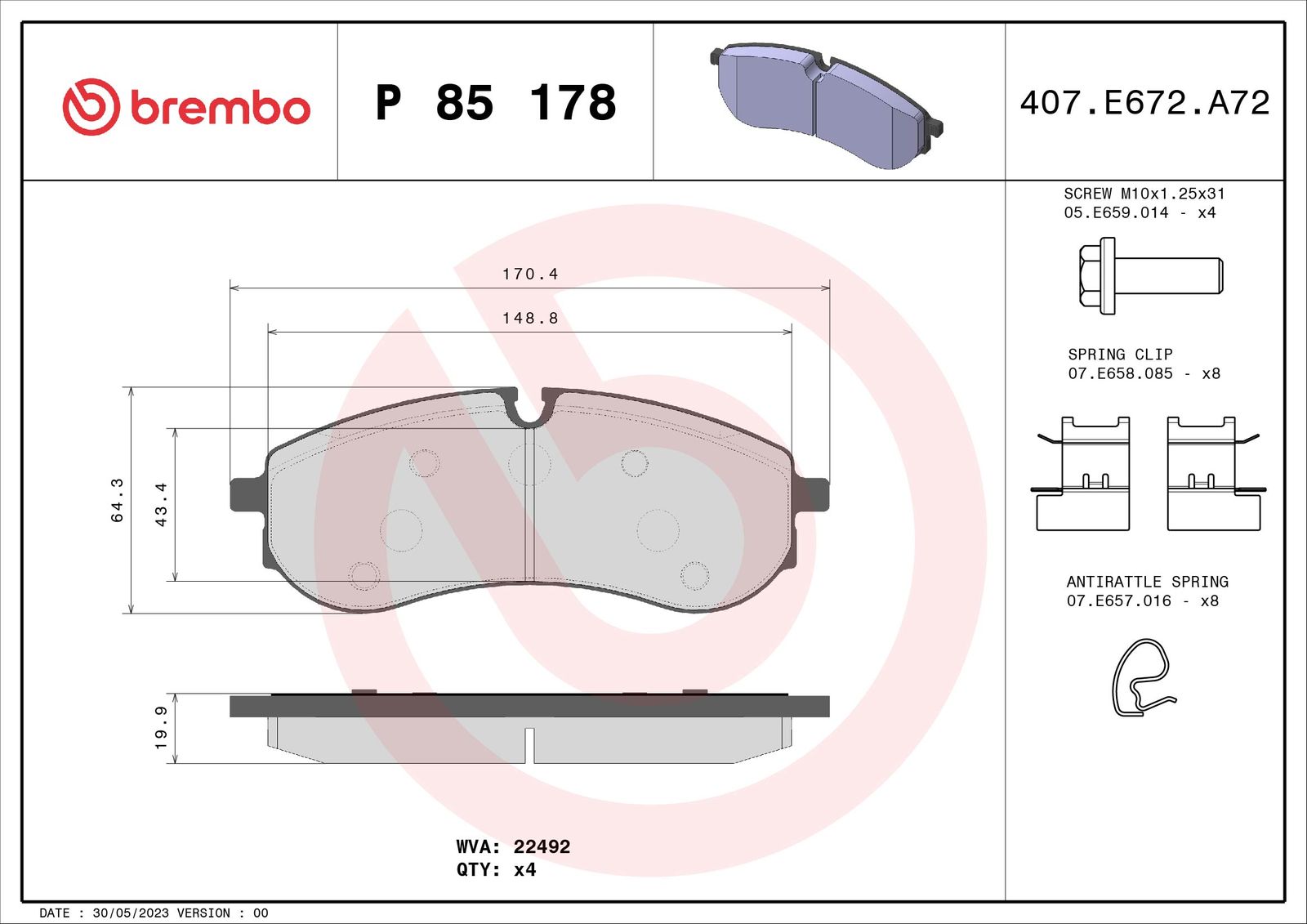 Zestaw klocków hamulcowych, hamulce tarczowe BREMBO P 85 178