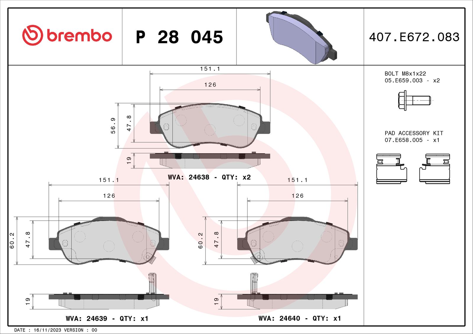 Sada brzdových platničiek kotúčovej brzdy BREMBO P 28 045