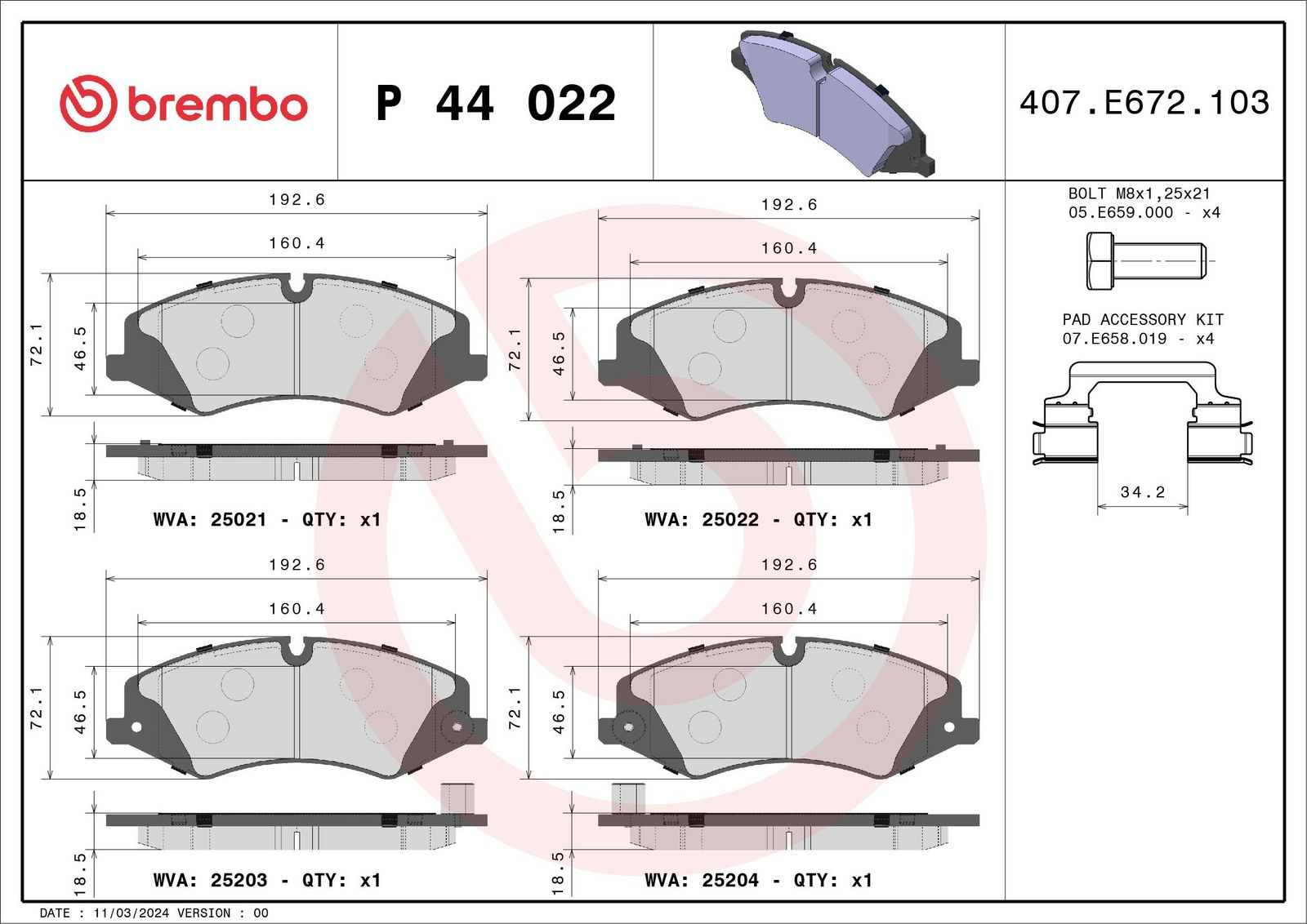 Sada brzdových destiček, kotoučová brzda BREMBO P 44 022