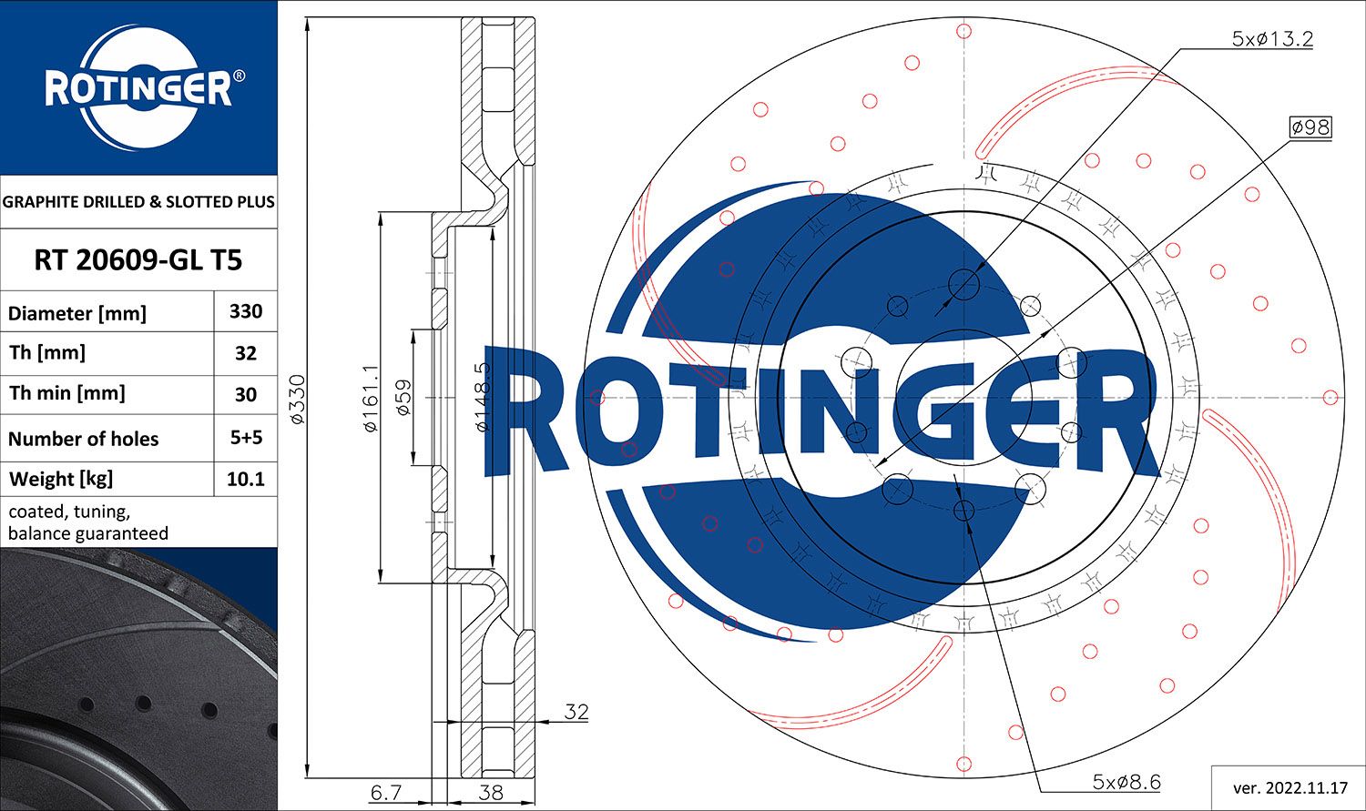 Disc frana ROTINGER GRAPHITE DRILLED & SLOTTED PLUS RT 20609-GL T5