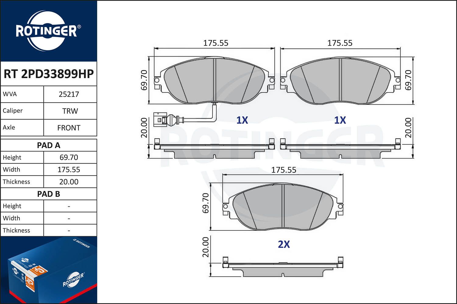 Zestaw klocków hamulcowych, hamulce tarczowe ROTINGER RT2PD33899HP