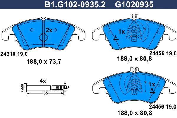 Zestaw klocków hamulcowych, hamulce tarczowe GALFER B1.G102-0935.2