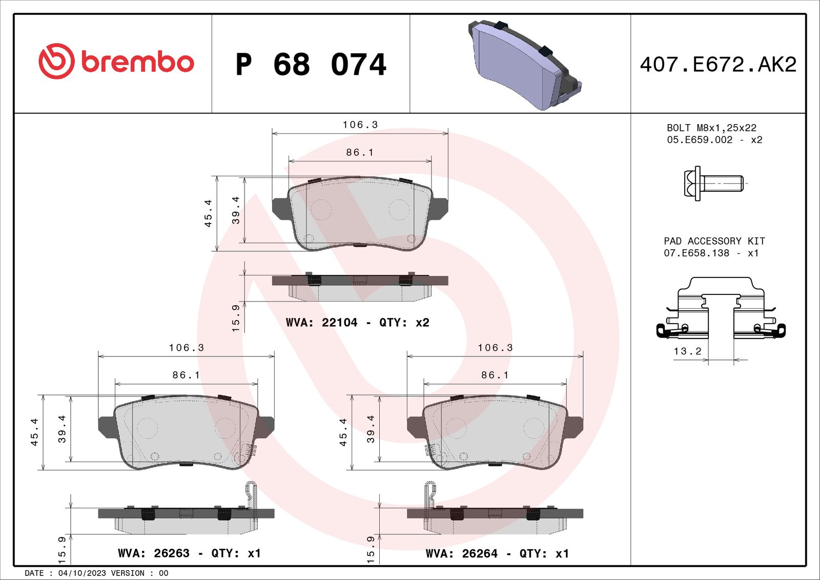 Zestaw klocków hamulcowych, hamulce tarczowe BREMBO P 68 074
