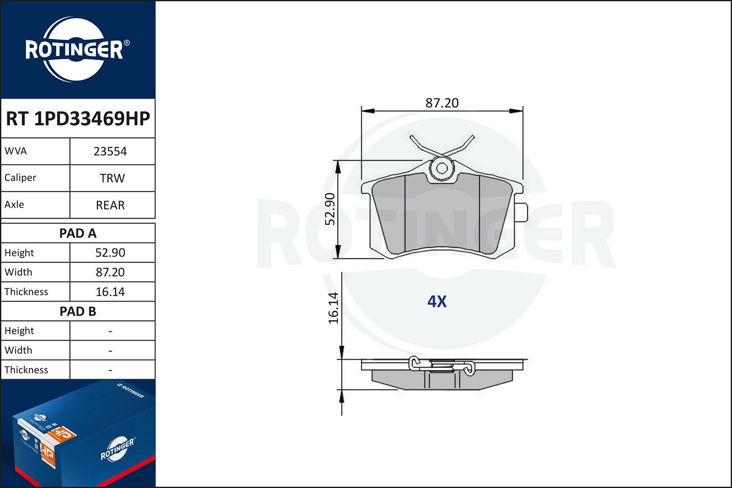 Zestaw klocków hamulcowych, hamulce tarczowe ROTINGER RT1PD33469HP