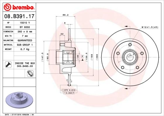 Tarcza hamulcowa BREMBO 08.B391.17