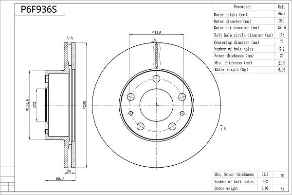 Tarcza hamulcowa AISIN P6F936S