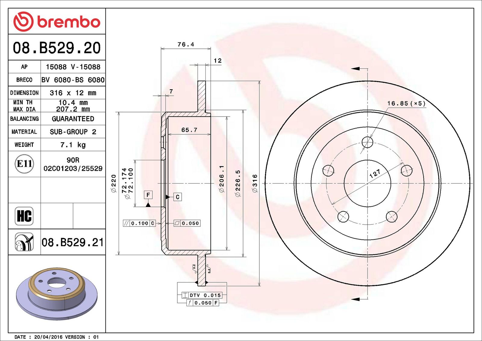 Levně Brzdový kotouč BREMBO 08.B529.21
