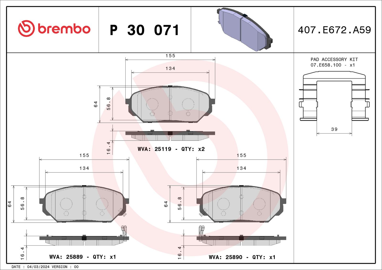 Sada brzdových destiček, kotoučová brzda BREMBO P 30 071